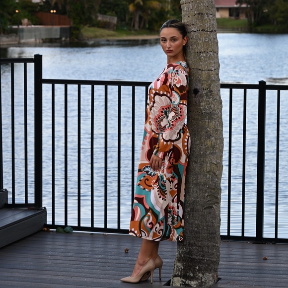 DEVORAH'S SECRET Modest Midi Dress Modern Floral Brown/Teal/Orange/Regular& Plus - Picture 5 of 6